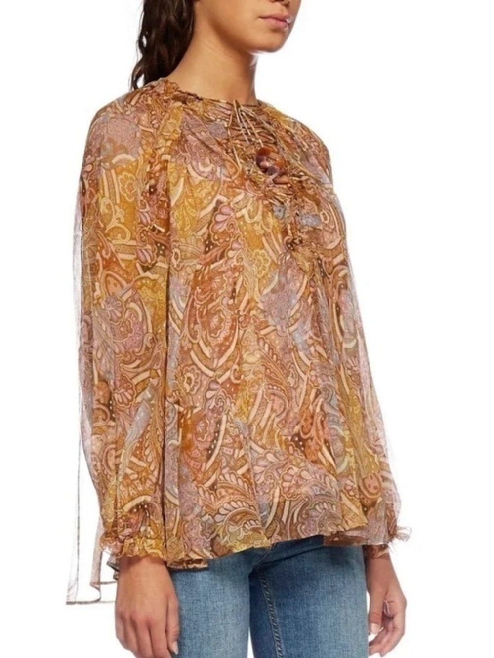 NWOT Zimmermann AU 1/ US Small Paisley Lace-Up Ruffle Blouse in Gold and blues - Picture 1 of 15